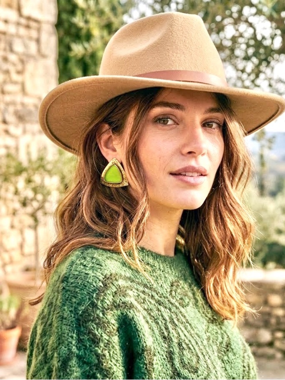 Artisan brass Green Statement Triangle Earrings  midcentury YTK retro Gypsy vibe